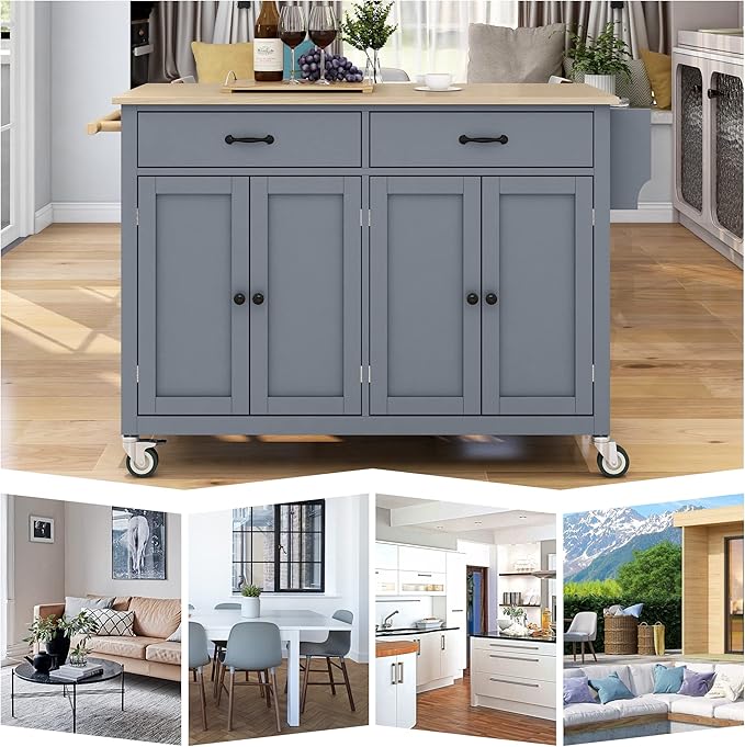 Favfurish Kitchen Island Cart on Locking Wheels with 4 Cabinet and 2 Drawers, Rolling Coffee Bar Trolley w/Solid Wood Tabletop, Adjustable Shelves, Spice & Towel Side Rack, for Dining Room, Gray