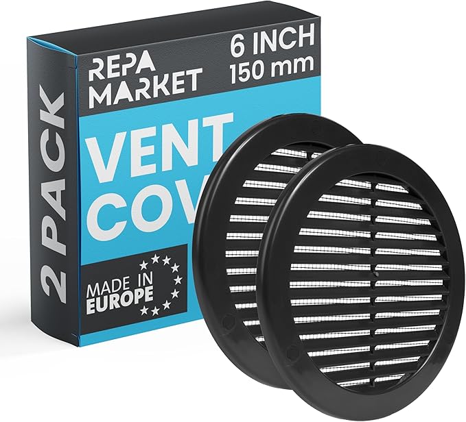 Repa Market 6 Inch (Opening) Black Round Air Vent Cover - Pack of 2 Plastic Fresh Air Intake Vent - AC Cover with Nylon Mesh Screen - Wall, Ceiling HVAC Return Air Register - Modern Soffit Vents