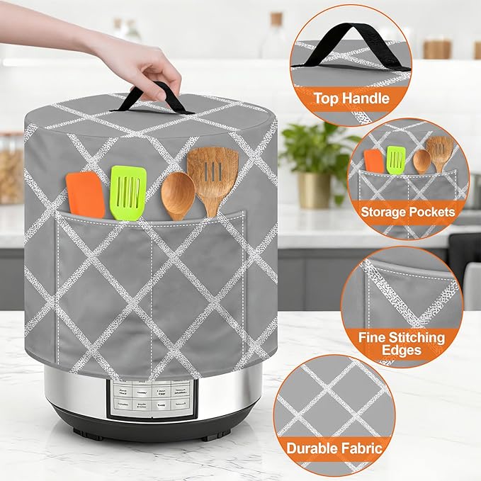 Kitchen Appliance Accessories Dust Cover for 3-6-8 Quart Instant Pot, Pressure Cooker, Air Fryer & Crock Pot,Decorative Appliance Cloth Cover with Top Handle & Storage Pockets (Grey, 3 Quart)