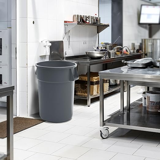 PRO&Family Commercial Round Trash Can, Ingredient Bin, Heavy-Duty Plastic, Anti-Static, Kitchen, Office, Outdoor Use (Gray, 44 Gallon)