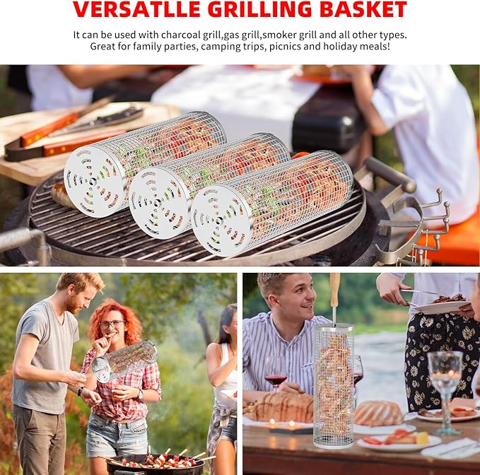 Rolling Grill Basket Grilling Gifts for Men, Nesting Grilling Baskets for Vegetable Small Meat, Removable Handle, 304 Stainless Steel, Outdoor Grill Accessory BBQ Gift for Birthday & Christmas