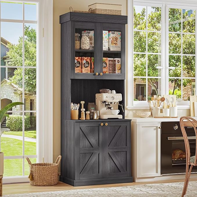 71" Tall Farmhouse Kitchen Pantry, Large Storage Cabinet with Glass Doors and Drawers, Freestanding Coffee Bar Hutch with Microwave Stand, Adjustable Shelves for Kitchen, Living Room, Black 2 Pcs