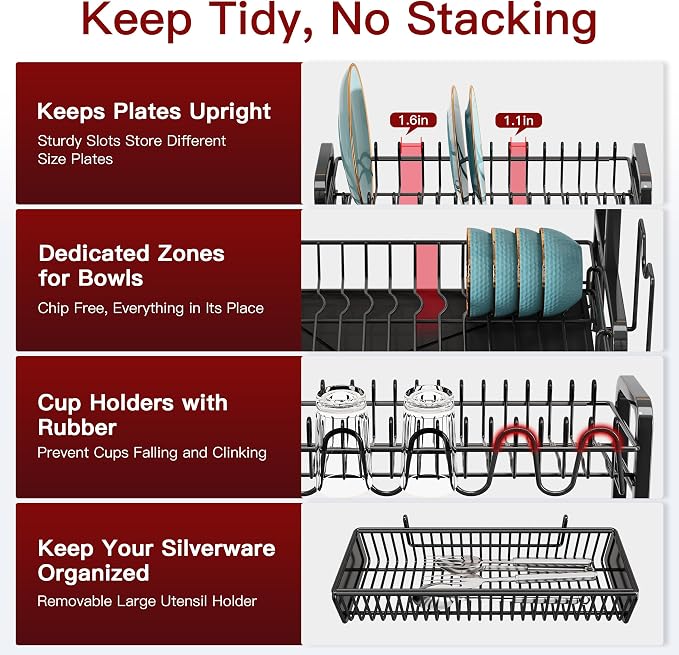 BOOSINY 2 Tier Black Stainless Steel Dish Drying Rack - Image 9