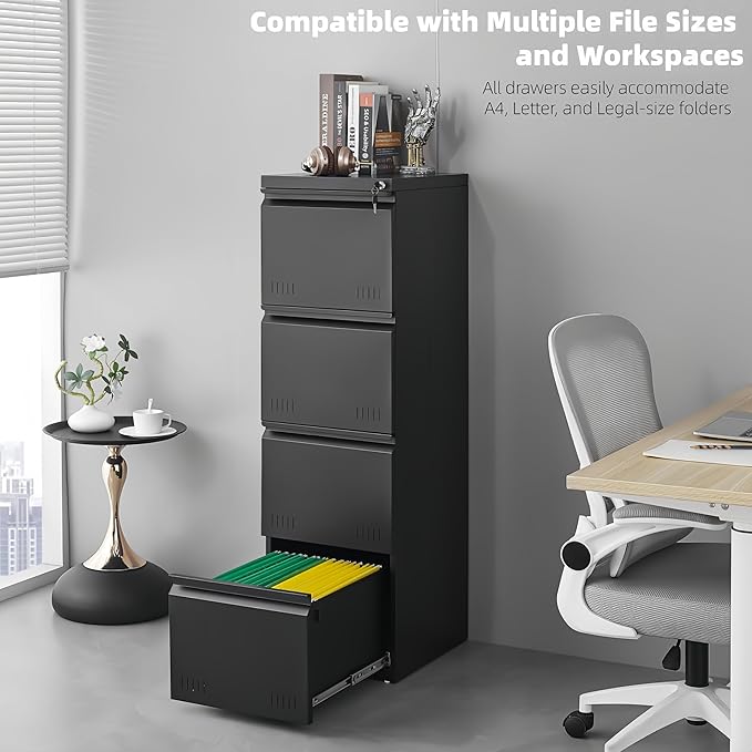 Vertical 4 Drawer File Cabient with Lock, Metal Filing Cabinets for Home Office, Heavty Duty Office Storage Cabinet for A4/Letter/Legal (Matte Black)