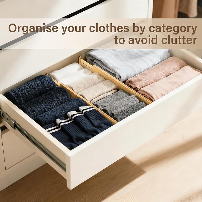 Adjustable Bamboo Drawer Dividers of 4, Expandable Organizers | Spring-Loaded - Image 6