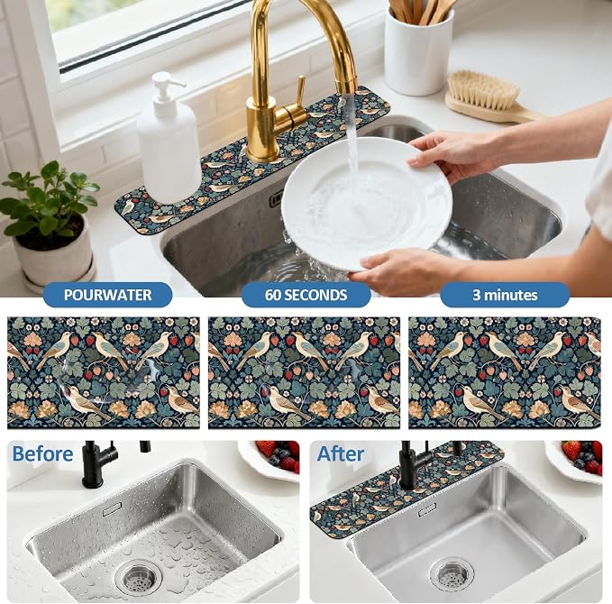 2 Pcs Kitchen Sink Splash Guard Faucet Mat Retro Strawberry Flowers Faucet Mats - Image 5