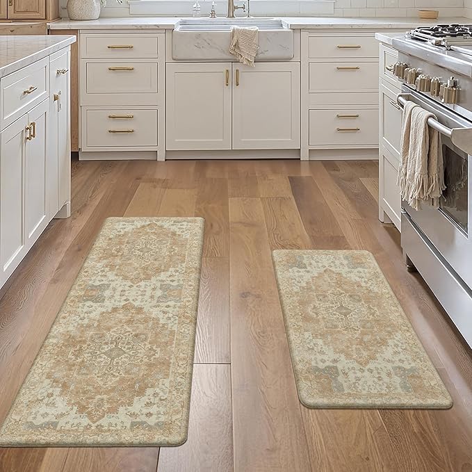 GENIMO Kitchen Mats for Floor 2PCs, Washable Anti Fatigue Mat for Cushioned, 17.3"x47"+17.3"x30", Waterproof Kitchen Rugs, Non Slip Comfort Standing Mat Rug for Home, Sink, Laundry, Orange