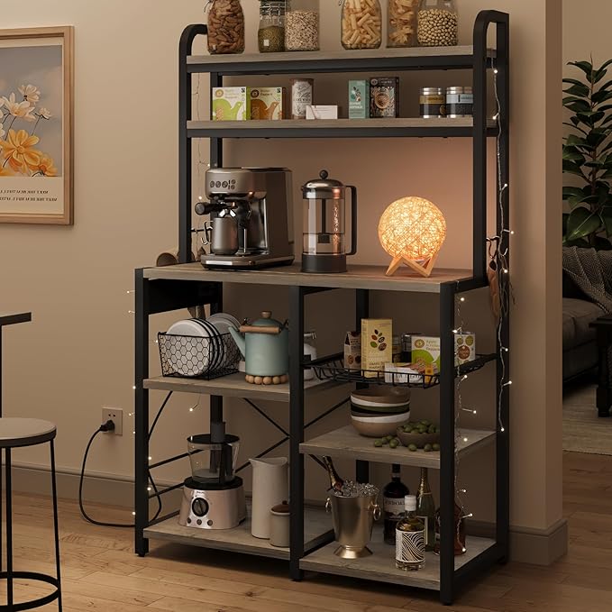 Garvee 5-Tier Bakers Rack with Wire Basket, Microwave Stand with Built-in Power Outlets, Coffee Bar Station, and Open Kitchen Shelving for Spices, Dishes and Pots, Gray