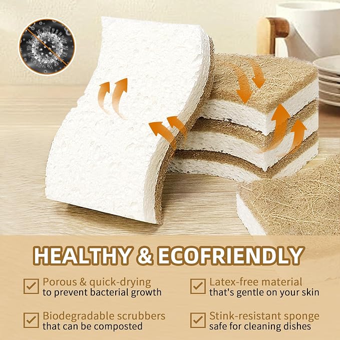 Silkyhose 12 Pack Natural Kitchen Sponges, Cellulose Coconut & Non-Scratch | - Image 4