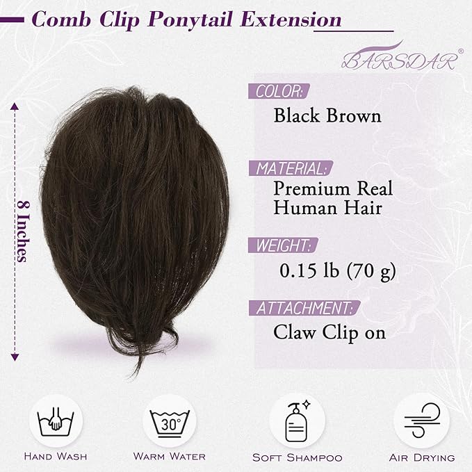 BARSDAR Claw Clip Short Human Hair Ponytail Extension with Bendable Metals - DIY Styles 8 Inch Real Human Hair Black Brown Messy Bun Hairpieces for Women - Thick Natural Short Ponytail Daily