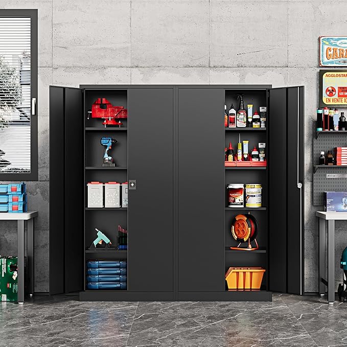 Metal Storage Cabinet-72” Black Tall Steel File Cabinets with Lockable Doors and Adjustable Shelves-Black Steel Storage Cabinet for Kitchen, Office, Garage