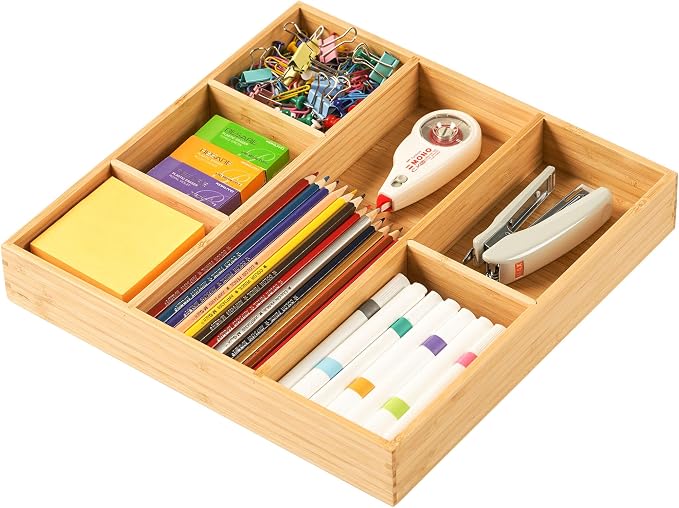Bamboo Desk Drawer Organizer, Wood Office Junk Tray by Umilife