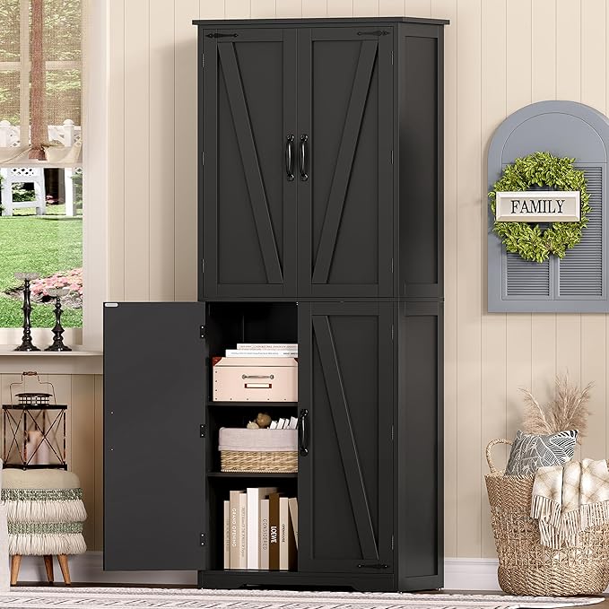 TEENFON Tall Storage Cabinet, Kitchen Cabinet with 4 Shelves, Adjustable Shelves, Pantry Cabinets with 4 Barn Doors, Tall Kitchen Cabinets for Dining Room, Living Room, Black