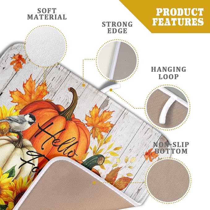 Hello Fall Dish Drying Mat for Kitchen Counter 16x18 Inch Orange Pumpkin - Image 4
