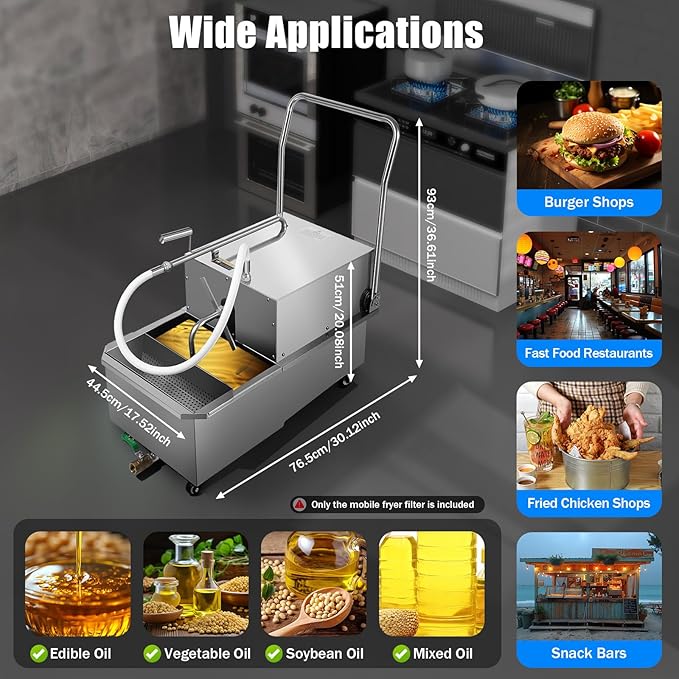 55L Commercial Deep Fryer Oil Filter Machine 550W, with ≥98% Filtration Rate, 20um Precision Filtration, Stainless Steel Oil Filtration System for Restaurant, Fast Food