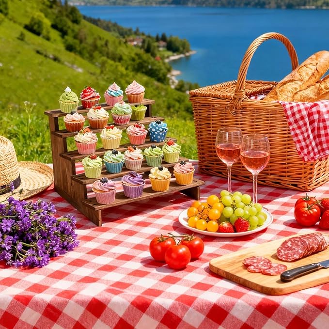 5 Tier Cup Cake Stand - Rustic Wooden Cupcake Stand, Tiered Wood Riser Display Stands, Multi-Functional Uses - as Dessert Stands, Vendor Display Shelves, Spice Rack, Easy to Install