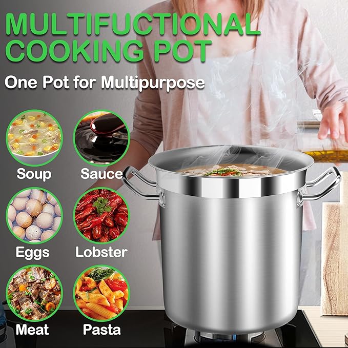 Stainless Steel 24 Quart Stockpot with Tempered Glass Lid, 3-Ply Base, 6 Gallon, Polished Finish, Suitable for Stovetop and Oven, Dishwasher Safe