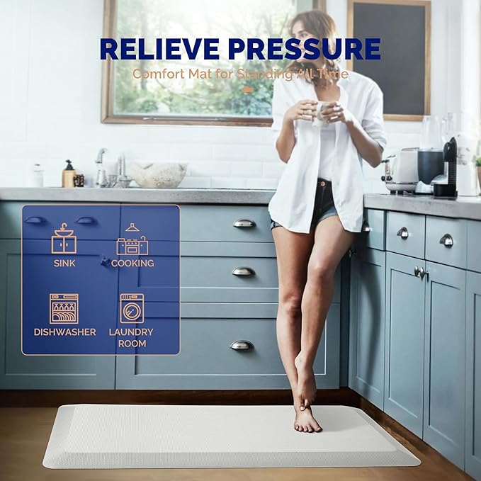 FEATOL Anti Fatigue Mats for Standing, 9/10 Extra Thick Ergonomic Standing Desk Mat, Comfort & Durable Memory Foam Standing Mat at Home,Office All Day (20" x 59", White, 2PC)