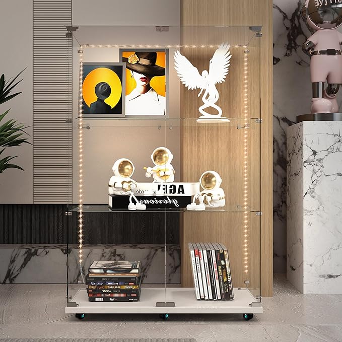 Yoluckea 3 Tiers Glass Display Cabinet with Bluetooth LED Light Strip, 2 Doors Floor Standing Curio Cabinet with Universal Wheel for Home, White Glass Bookshelf for Collections, Clear Top