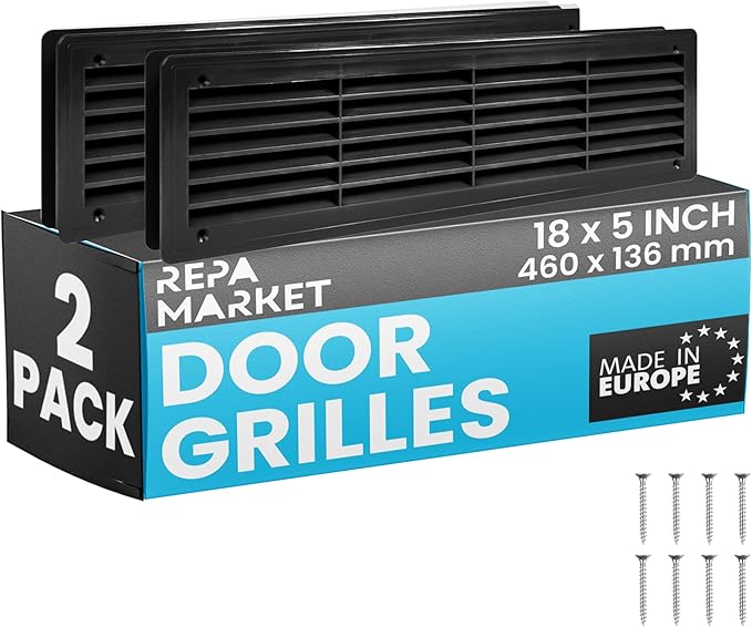 Repa Market 18" x 5" Inch (Outer Size) Pack of 2 Black Plastic Louvered Door Vents for Interior Doors – 2 Sided Two Way Door Air Return and Intake Cover – Door Air Vent Grille Rectangular Door Vent