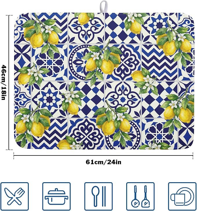 Lemon and Blue Tile Dish Drying Mat 18x24 Inch Absorbent Reversible Mexican - Image 2
