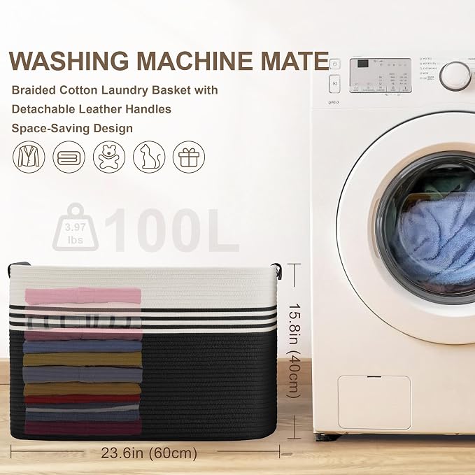 100L Large Woven Laundry Basket Hamper - Image 7