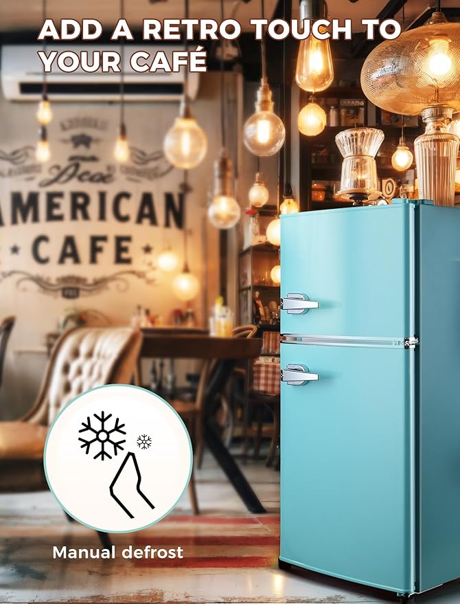 3.2 Cu.Ft Fridge with Freezer with 2 Doors, Refrigerator with 7 Level Temperatures, LED Light, Adjustable Shelves, Food Storage Cooling Drink for Bedroom, Office, Dorm, Apartment, Blue
