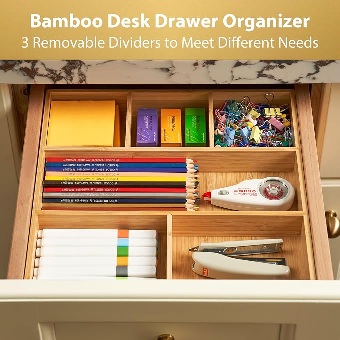 Bamboo Desk Drawer Organizer, Wood Office Junk Tray - Image 3