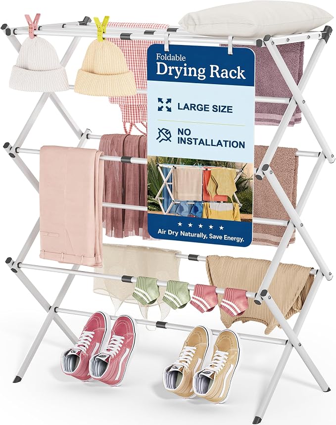 Oversize 3-Tier Clothes Drying Rack, No Install, Non-slip feet, Tool-free Setup by APEXCHASER