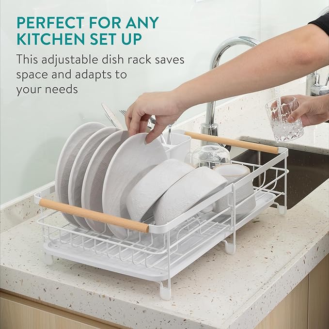 Navaris Expandable Dish Rack - Adjustable Draining Board for Drying Dishes - Removable Plates and Cutlery Holder - Kitchen Sink Washing Up Drainer with Plug and Drip Tray - White