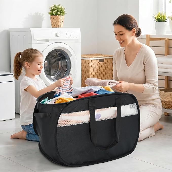 100L Collapsible Laundry Baskets, Foldable Dual Handle Laundry Hamper Black | - Image 2
