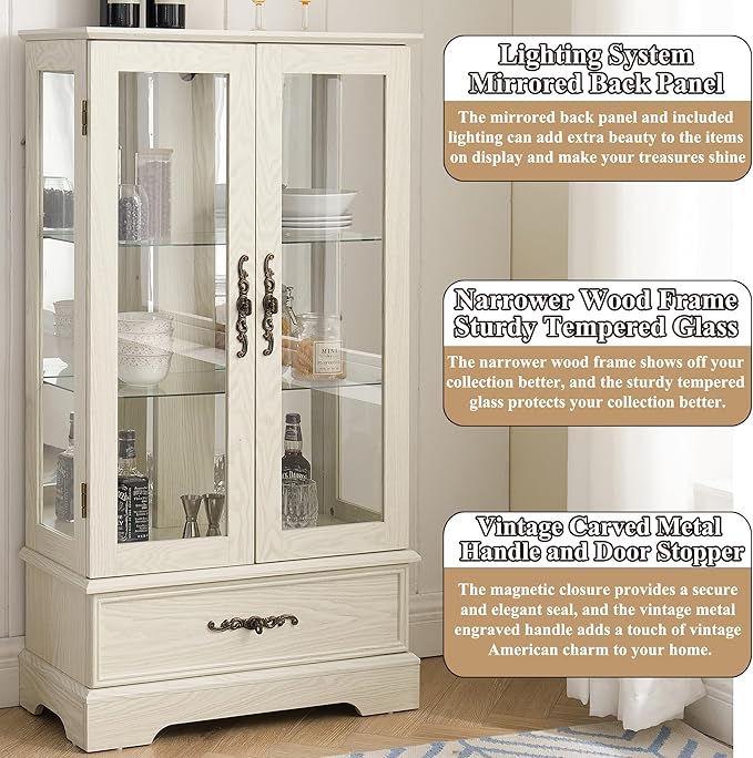 47" H Lighted Curio Cabinet Display Case, Glass Case with Adjustable Shelves,Tempered Glass Door and Drawer, Wooden Curio Cabinet with Mirrored Back Pane for Living Room (Antique White)
