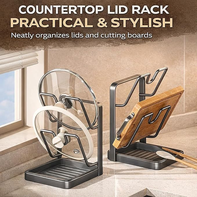 Kitchen Pot Lid Storage Rack, Heat-Resistant Pot Lid Holder While Cooking with Tray, Multifunctional Pot Lid Holder Organizer Rack, Lid and Spoon Rest for Countertop, Stove Top (Single-layer Beige)