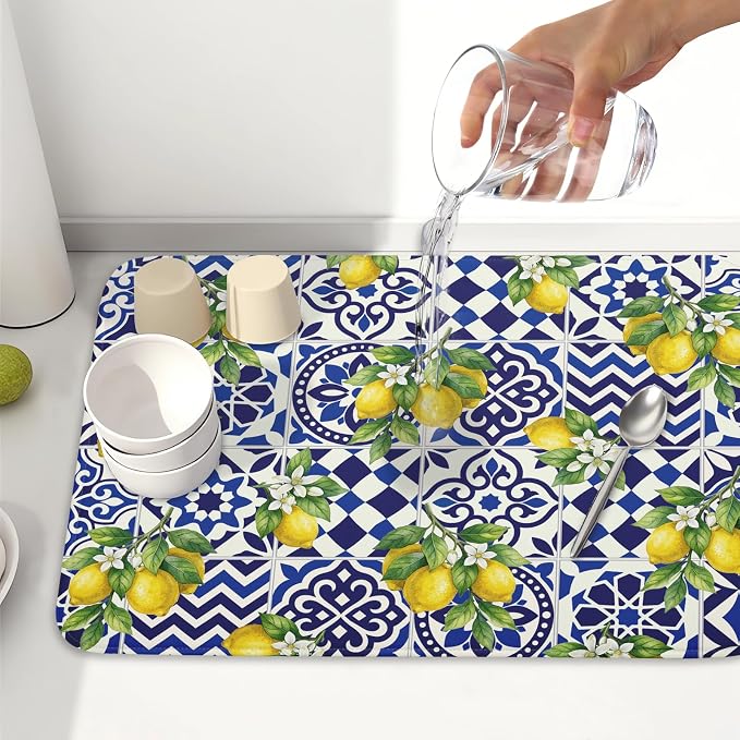 Lemon and Blue Tile Dish Drying Mat 18x24 Inch Absorbent Reversible Mexican - Image 6