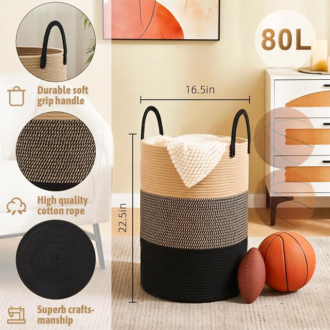 Artfeel Laundry Basket, Woven Cotton Rope Laundry Hamper, 80L - Image 6