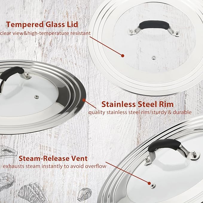 15 Inch Large Universal Pans Pots Lid Cover Fits 11/12/13/14/15" Frying Pans/Pots/Woks, Stainless Steel and Tempered Glass Lid with Vent Hole and Heat Resistant Handle