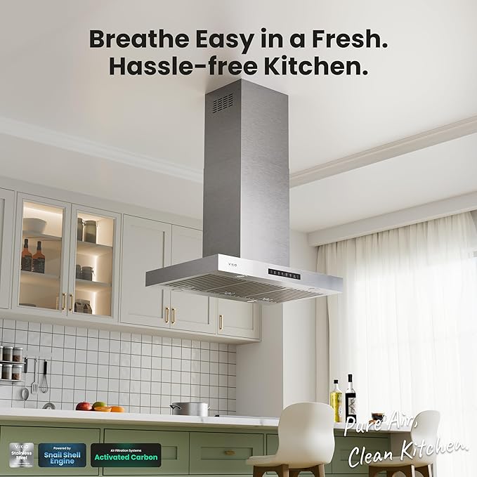 30 Inch Island Range Hood, 980 CFM Stainless Steel Ducted Island Mount Range Hood, Ceiling Mount Kitchen Vent Hood with Dual-Sided Touch/Gesture Control, Convertible Ducted/Ductless, 3-Speed Fan
