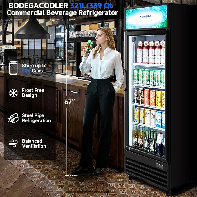 BODEGACOOLER Beverage Refrigerator, 321L/339 Qt Commercial Refrigerator For Kitchen, Home,Office and Garage, 300 Cans & 160 Bottles Display Refrigerator For Beer,Soda, Bar Cooler with Soft LED Light.