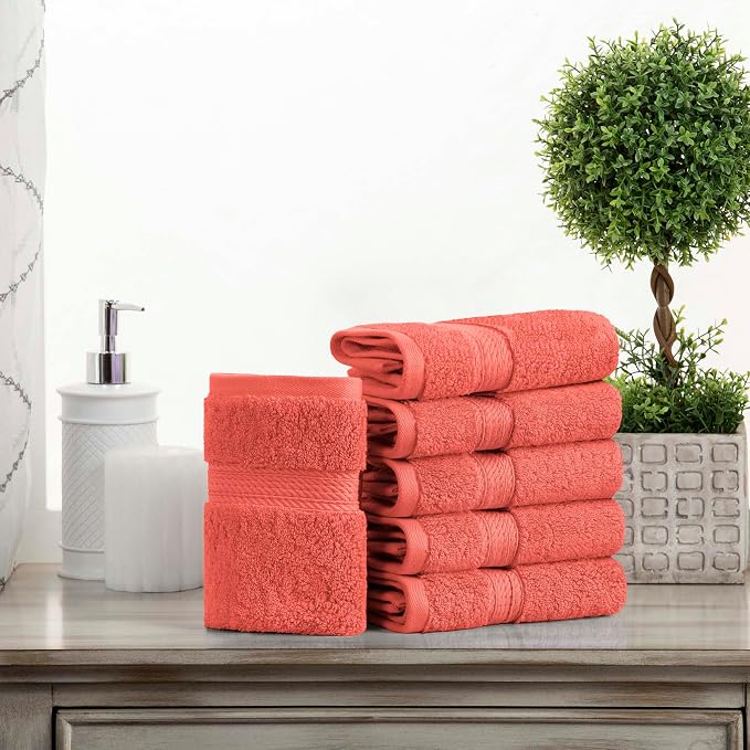 SUPERIOR Egyptian Cotton Plush & Absorbent, Face Towel Set of 6, Coral | Quick by SUPERIOR