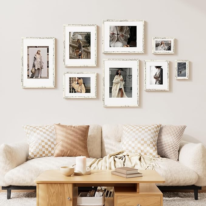 Vittanly 8.5x11 Picture Frame Set of 2, Solid Wood Frame for Wall or Tabletop, Display Photo 6x8 with Mat or 8.5x11 without Mat, Distressed White