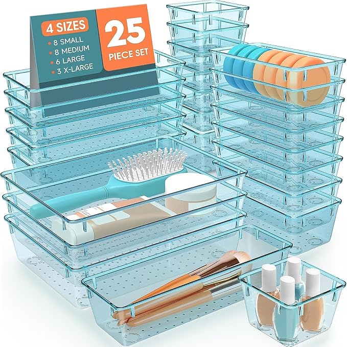 SpaceHacks 25 PCS Plastic Drawer Organizer, 4-Size Versatile Organizer Trays & by SpaceHacks