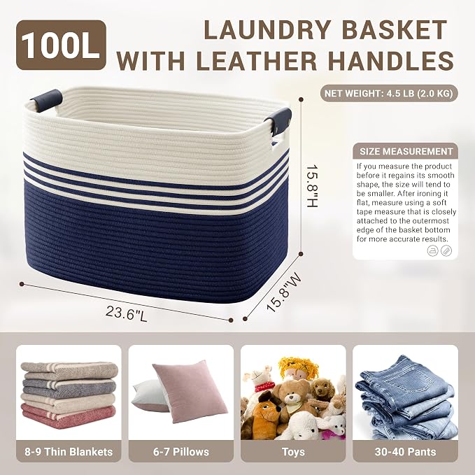 100L Large Woven Laundry Basket Hamper - Image 2