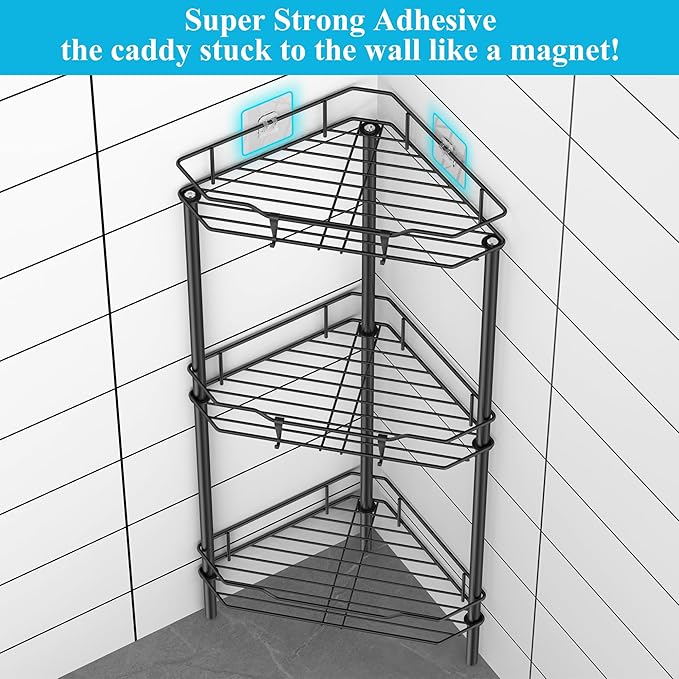 HuggieGems Metal Floor Standing Corner Shower Caddy, Matt Black, 3 Tier - Image 2