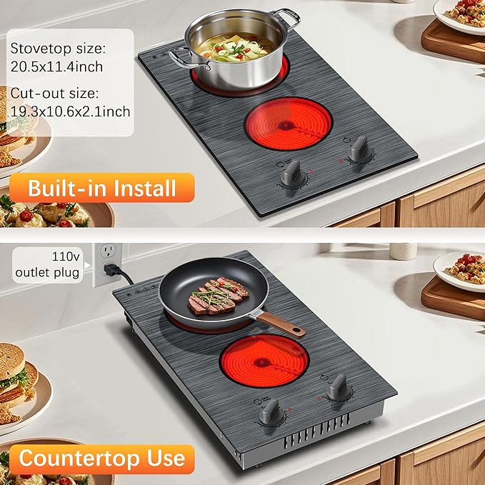 Karinear 2 Burners Electric Cooktop, 110v Electric Stove Top Knob Control, Built-in Countertop Ceramic Cooktop with Beautiful Woodgrain Pattern Glass Surface, 110v Outlet Plug