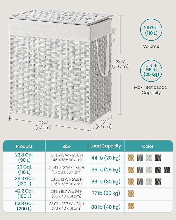 SONGMICS Laundry Hamper with Lid, 110L Double Wicker Basket, 6 Mesh Bags - Image 6
