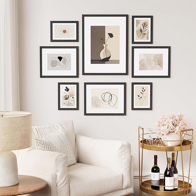 Vittanly 8x8 Picture Frame Set of 2, Solid Wood Frame for Wall or Tabletop, Display Photo 4x4 with Mat or 8x8 without Mat, Black