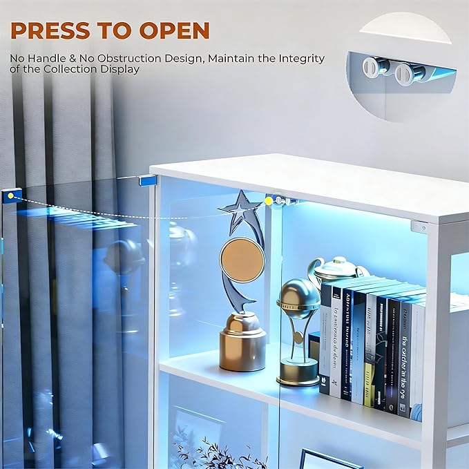 Display Cabinet with Glass Doors, Curio Cabinet with 3 LED Lights and Human Body Sensor, Bookcase with 4 Shelves Storage Cabinets, White
