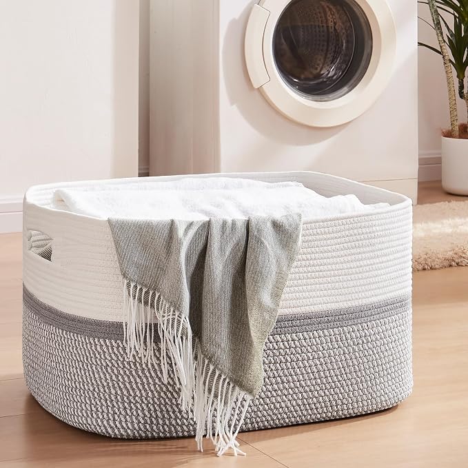 OIAHOMY Blanket Basket Laundry Basket Dog Toy Basket 75L Grey/White - Image 2