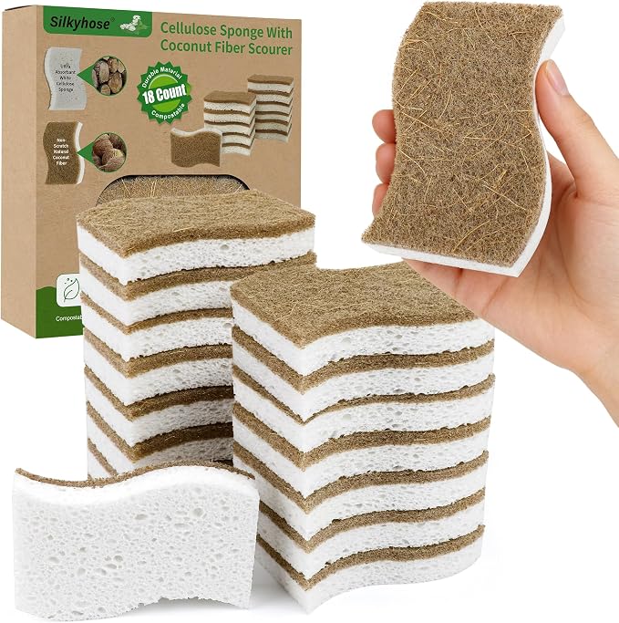 Silkyhose 18 Pack Natural Kitchen Sponges, Cellulose Coconut & Non-Scratch | by Silkyhose