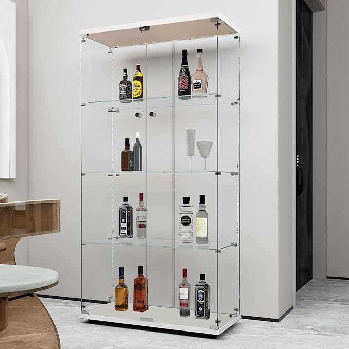 Yoluckea 4 Tiers Glass Display Cabinet with Bluetooth LED Light Strip, 2 Doors Floor Standing Curio Cabinet with Universal Wheel for Home Office Display, White Glass Bookshelf for Collections,Wood Top